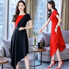 圆领纯色高腰时尚舒适2021年夏季短袖简约百搭中长款，女装连衣裙，三木叶子