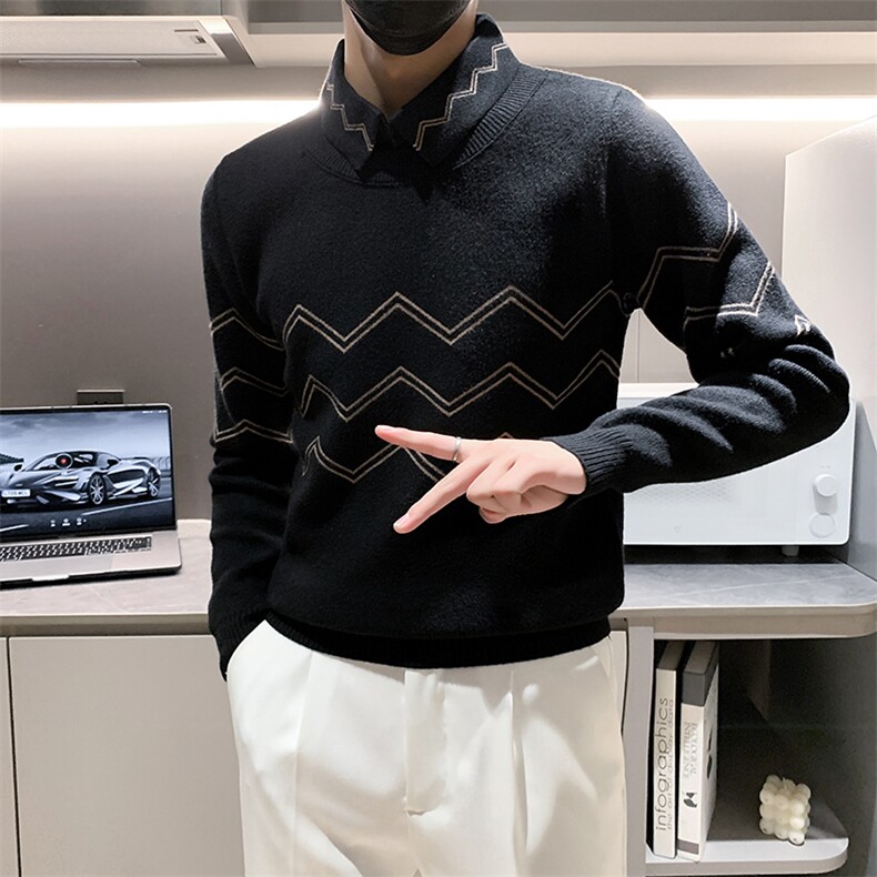 店主风小伙男士衬衫领套头假二件针织毛衣男301A-1/M61/P75控95,男装针织衫/毛衣,星座301A-1