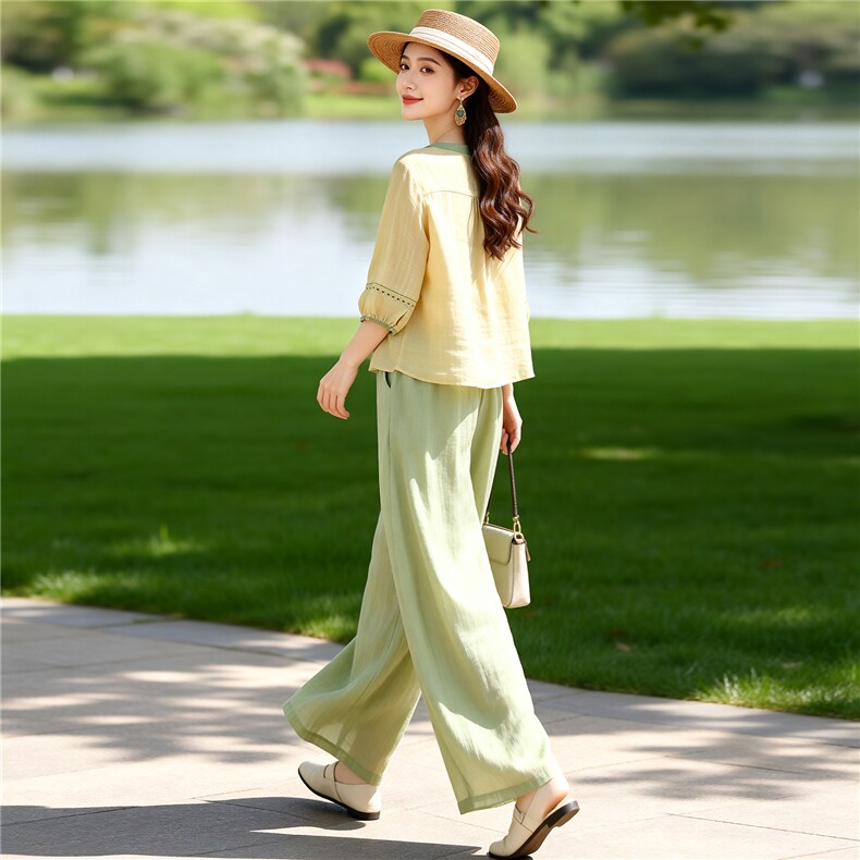 芷墨夏季新款松弛简约通勤上衣阔腿裤两件套显高显瘦宽松套装女,女装套装/套裙,芷墨服饰