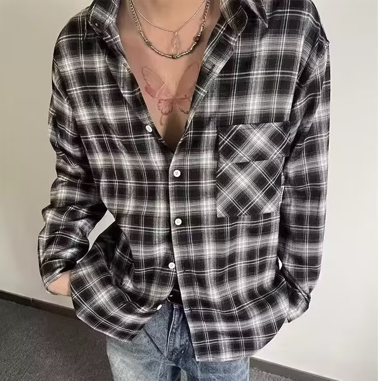 复古高街格子衬衫男慵懒风宽松休闲情侣痞帅潮衬衣CSA13-P42,男装衬衫,星座208-5