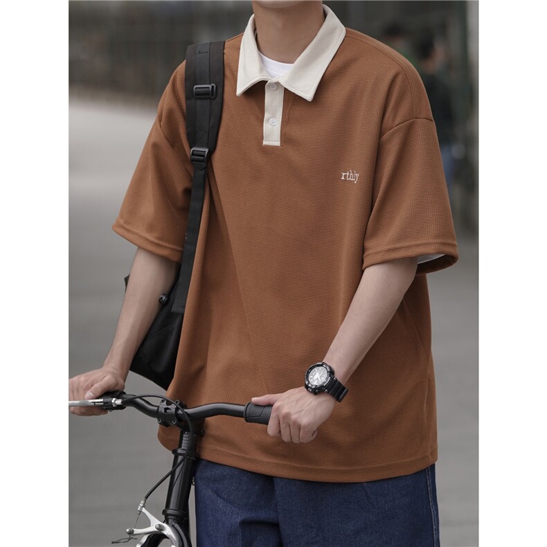 直播品质宽松大码华夫格刺绣Polo短袖港风高品质XP77075-P40,男装Polo衫,电商A042