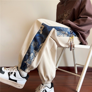 新中式小熊灯芯绒裤子男秋冬大码宽松束脚休闲长裤 M-5XL P45控58图片