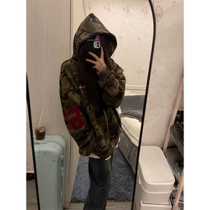 美式穿搭迷彩连帽卫衣外套女秋季刺绣拉链开衫情侣上衣潮WY226