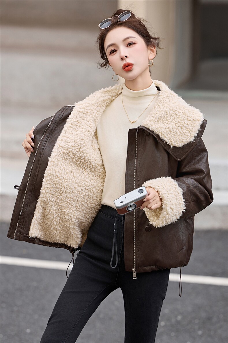 羊羔毛翻领洋气防风PU皮毛内胆加厚休闲通勤保暖外套,女装棉衣/棉服,木橙西子