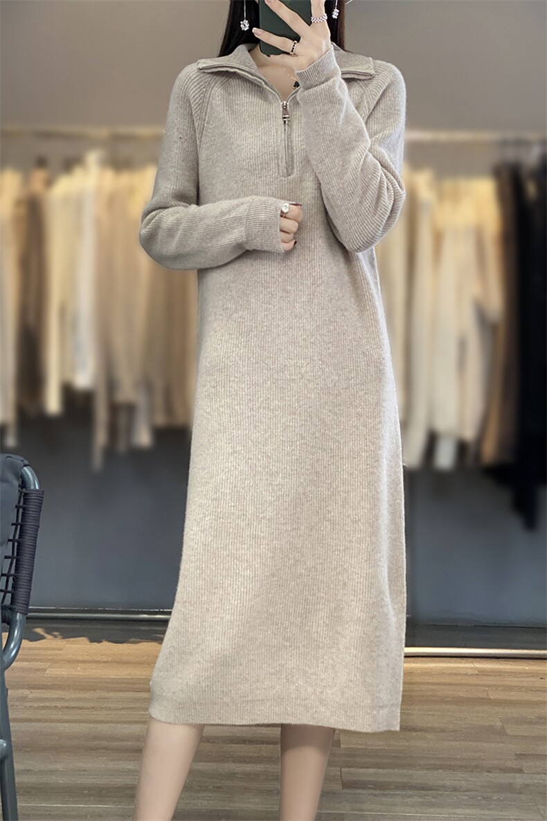 套头纯色长袖2024年秋季翻领羊毛连衣裙,女装连衣裙,羊秋羊绒