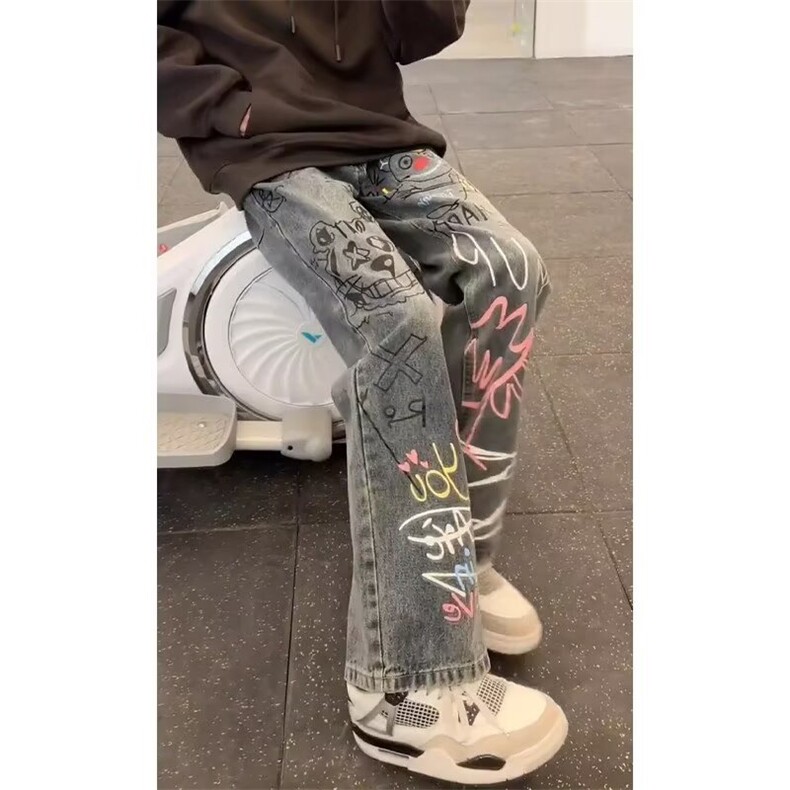 复古手绘涂鸦弯刀牛仔裤男潮牌痞帅裤子美式高街牛仔裤NA462-P50,男装牛仔裤,星座208-5