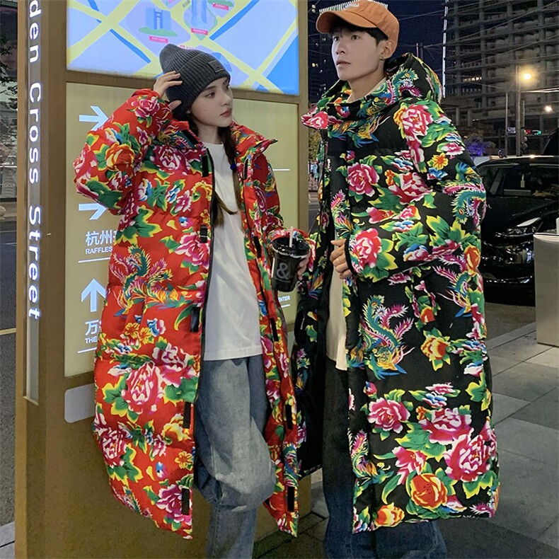 A5长款棉衣外套东北大花风汉服男女宽松保暖防寒连帽棉袄情侣图片