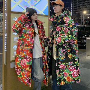 A5长款棉衣外套东北大花风汉服男女宽松保暖防寒连帽棉袄情侣图片