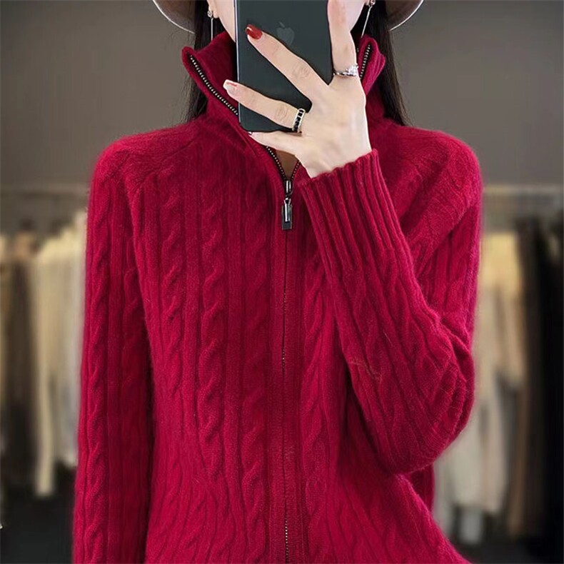秋冬新款羊毛开衫女高领拉链麻花毛衣外套厚针织衫外搭,针织衫/毛衣,萱芳婷羊绒