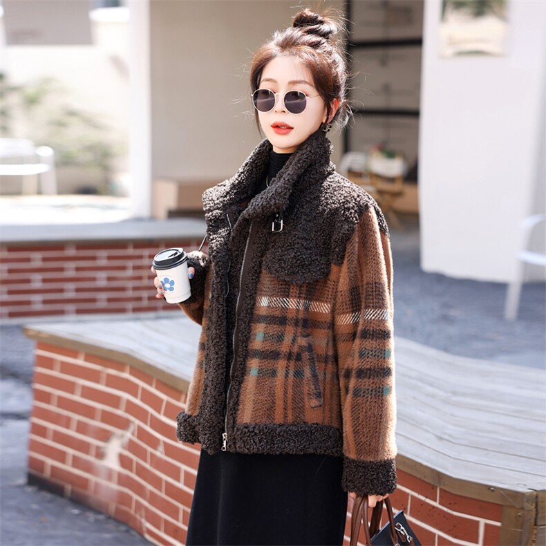 羊羔绒皮毛一体外套女冬2025新款百搭格子加厚今年流行棉衣女大衣,女装棉衣/棉服,意芙