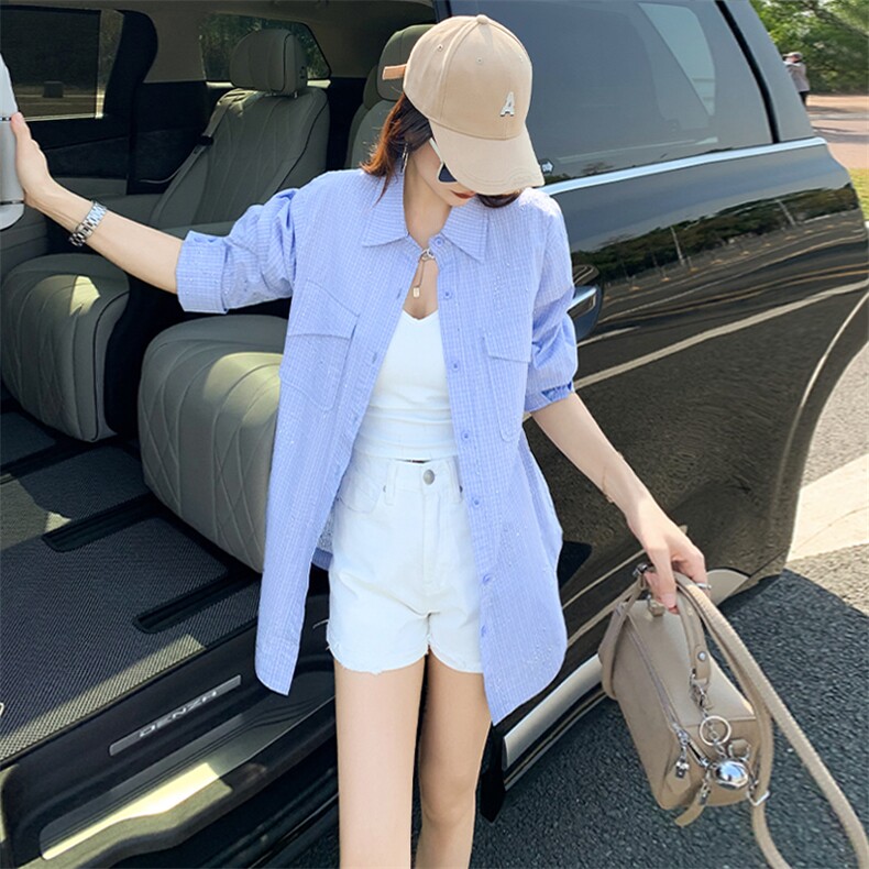 女春季新款时尚运动休闲百搭单排扣宽松显瘦蓝色洋气中长款衬衣潮,女装衬衫,2C310