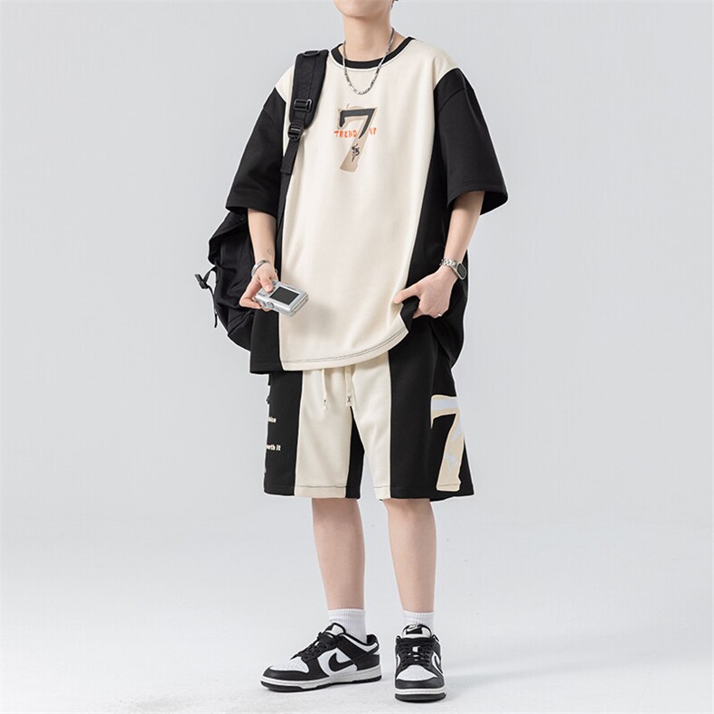套装男夏季新款港风宽松拼接设计短袖T恤五分裤一套TZ6012特P45,男装T恤,星座301B-2（原A443-1）