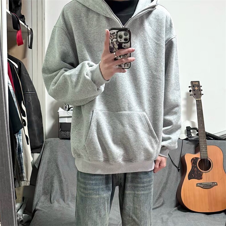 抖音得物高品质二开25秋冬美式重磅宽松纯色连帽拉链高领卫衣W65,男装卫衣,电商A486