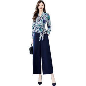 2021年秋季新款时尚潮流印花气质阔腿裤套装两件套女图片