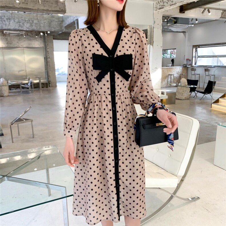 秋季新款韩版修身淑女气质高雅甜美可爱蝴蝶结圆点连衣裙，女装连衣裙，荷塘月色