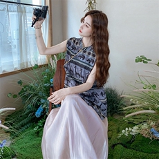 法式复古民族风印花背心套装女2025夏季新款时尚休闲半身裙两件套，女装套装/套裙，秋水欣儿