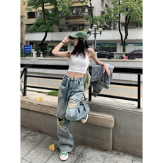 【网图现货】破洞牛仔裤男女夏季薄款宽松阔腿裤子NZP01CC-P45，男装牛仔裤，星座1007（原301D）