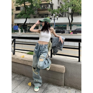 【网图现货】破洞牛仔裤男女夏季薄款宽松阔腿裤子NZP01CC-P45图片