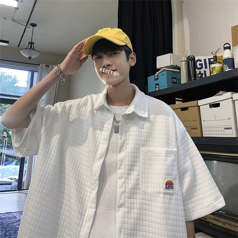 港风短袖衬衫男夏季华夫格衬衣潮流高街宽松五分袖外套CS825-P33,男装衬衫,星座1008