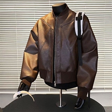 抖音得物高品质美式高街复古老钱风PU皮夹克外套男女短款机车皮衣，男装夹克，电商A486