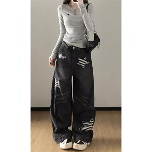 1506-1/K60501/P60新款高街直筒宽松阔腿裤拖地黑色裤子ins潮男女图片