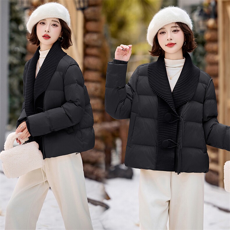 粉色小香风针织拼接羽绒服女2025冬新款减龄设计感翻领白鸭绒外套,女装羽绒服,衣之秀