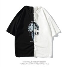 T108P23白底平铺加大码纯港风情侣学生宇航员月球印花T恤夏，男装T恤，电商A050