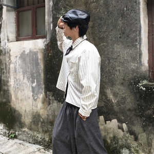 美式潮牌高街复古泡泡纱竖条纹日系肌理长袖衬衫男女休闲宽松衬衣图片