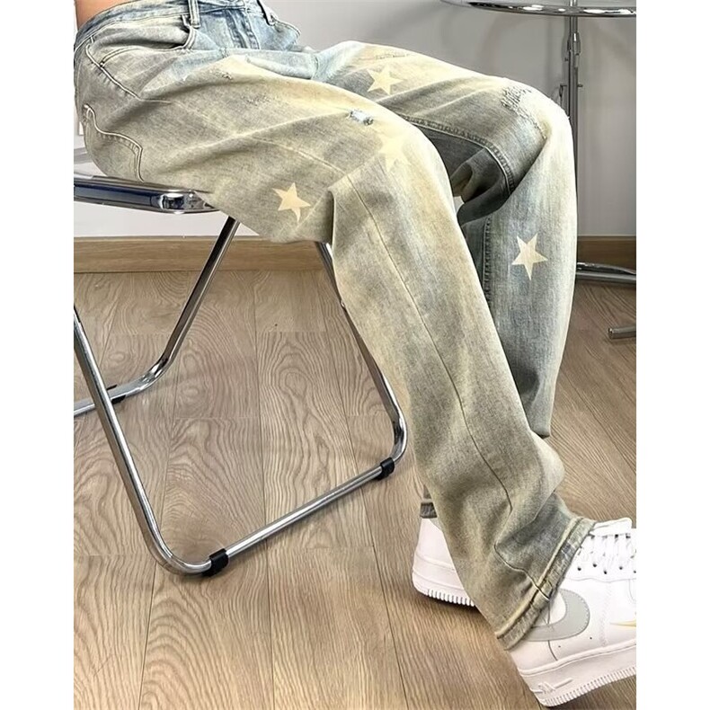 黄泥ins高街牛仔裤印花星星水洗宽松直筒长裤显瘦百搭NG01,男装牛仔裤,星座1116A（原606A-3）