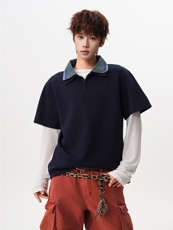 M-8XL美式复古撞色拼接polo衫半拉链短袖t恤大码宽松DX1227/特P40，男装T恤，电商B238