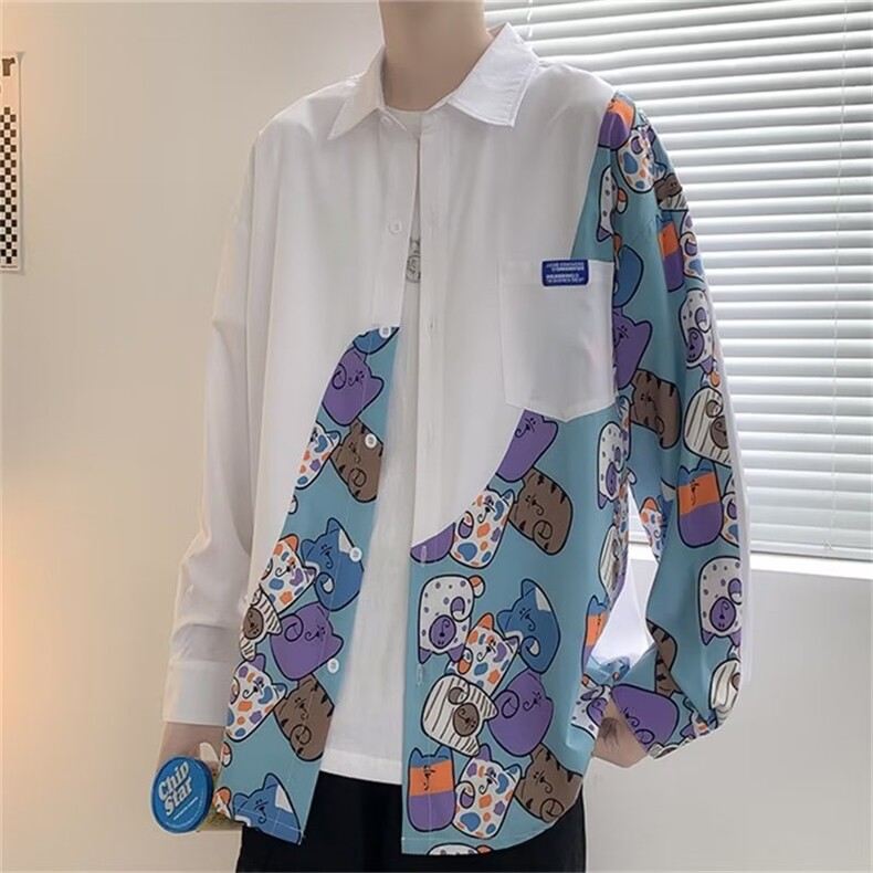 长袖衬衫男潮流卡通休闲衬衣秋季潮牌日系痞帅E494-P35,男装衬衫,星座911-2(原星座613-2）