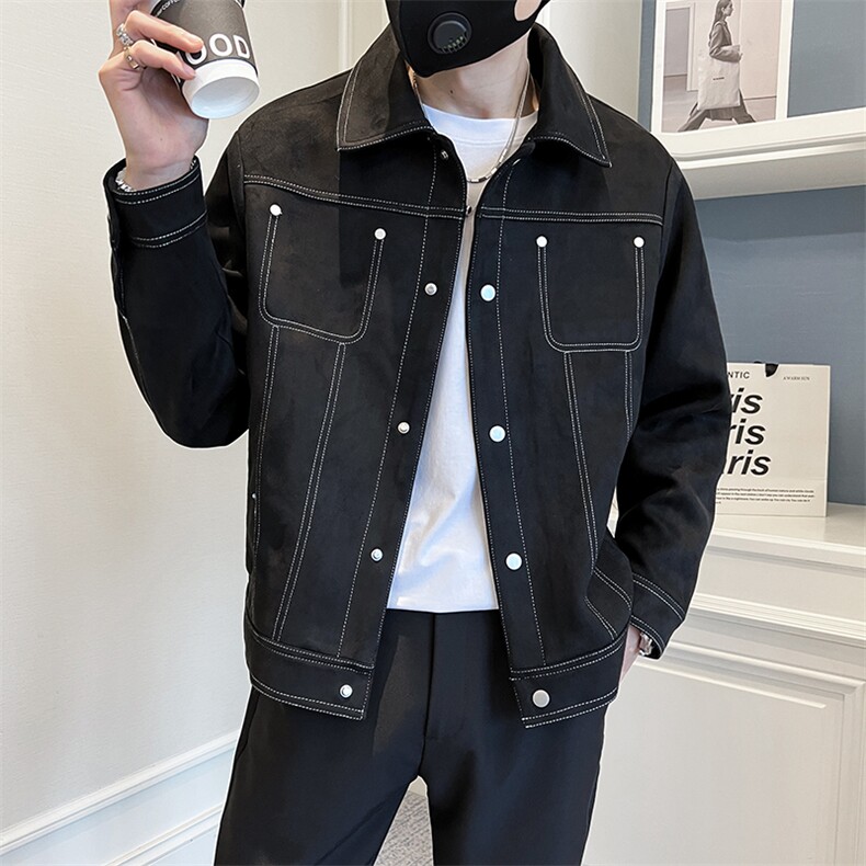 2025新款春季麂皮绒外套男韩版潮流翻领夹克A313-1-21136-P95,男装夹克,电商A313-1