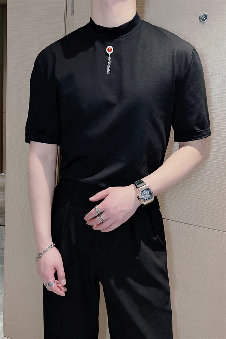 王嘉尔同款高弹显瘦修身短袖T恤小众半高领半袖男潮TX1221-P48,男装T恤,电商B267