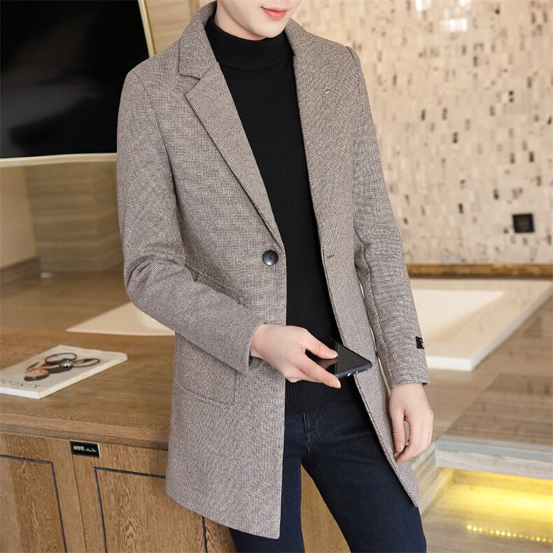 秋冬款大码青年毛呢翻领大衣男中长款风衣男外套男8803，男装毛呢大衣，A067