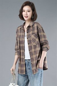 2021年春季自主图通勤韩版长袖格子衬衫POLO领磨毛衬衣图片