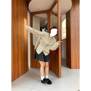 港风复古宽松条纹衬衫外套女春秋新款衬衣设计感小众打底衫上衣服图片