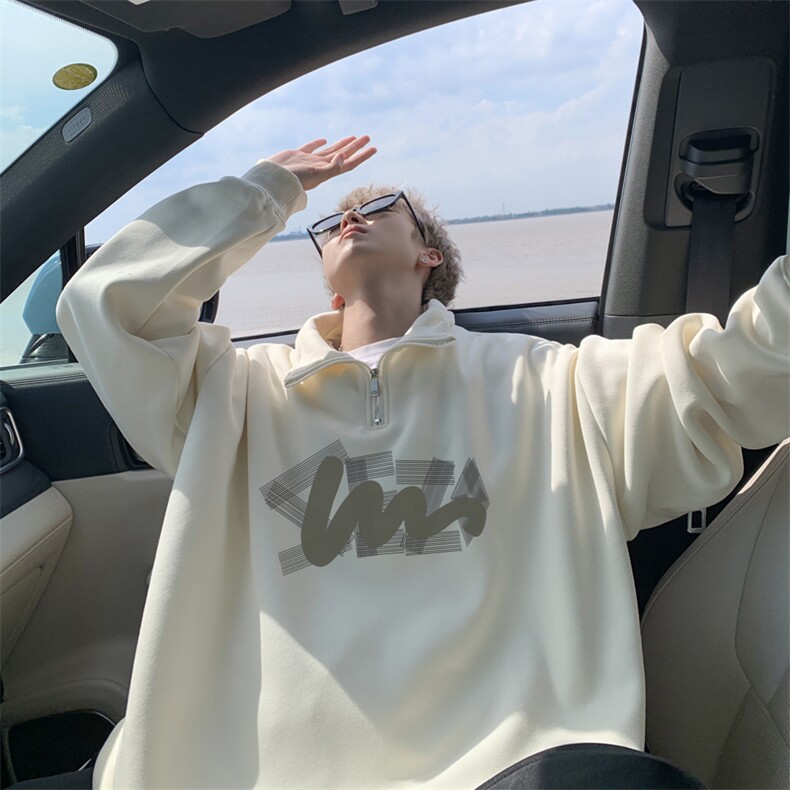 秋新款港风宽松polo领卫衣男设计感半拉链上衣PL00168/P45加绒P50，男装卫衣，电商B316