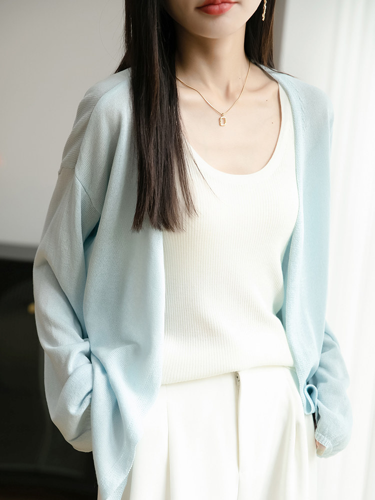 法式V领冰丝针织开衫女长袖防晒衣2025夏薄披肩上衣薄款外穿小衫,针织衫/毛衣,佳绒包芯纱店