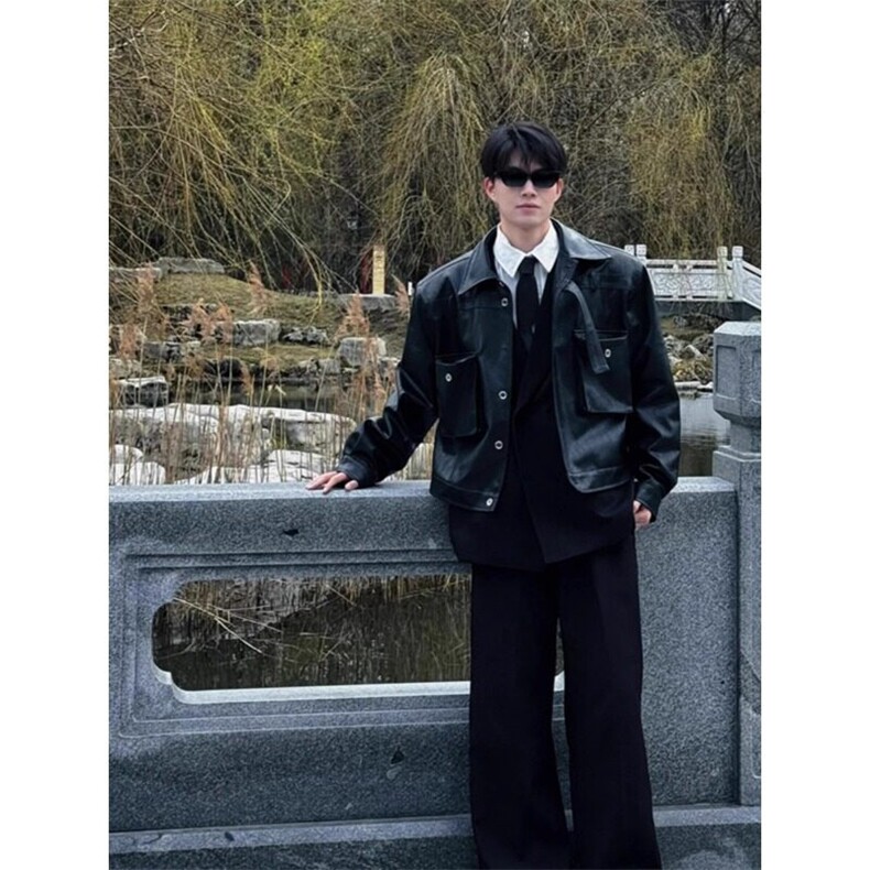 潮牌痞帅短款皮衣夹克韩版潮牌骑行机车服上衣外套JK636特P80,男装夹克,星座908-1