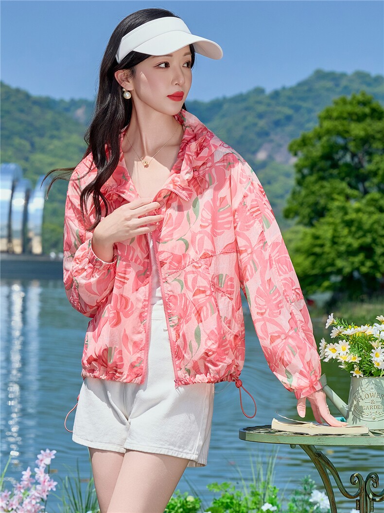 连帽防晒衣女短款2026年夏季新款冰丝薄款时尚印花透气防晒服外套,女装防晒衣,梦懿尔