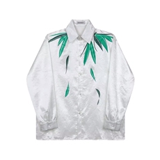 新款中式缎面竹叶印花翻领长袖男女衬衫复古风禅意衬衫C188P80，男装衬衫，电商A345