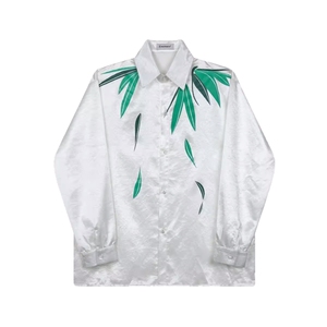 新款中式缎面竹叶印花翻领长袖男女衬衫复古风禅意衬衫C188P80图片