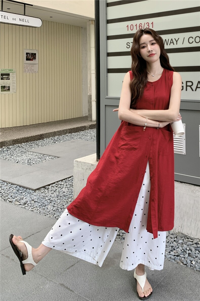 红色无袖衬衫叠穿连衣裙女夏波点阔腿裤两件套装裙巨好看超火爆款,女装套装/套裙,蝶眷