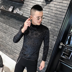 店主风T恤男长袖针织衫外穿网红半高领波点打底衫A068-QS13-P45图片