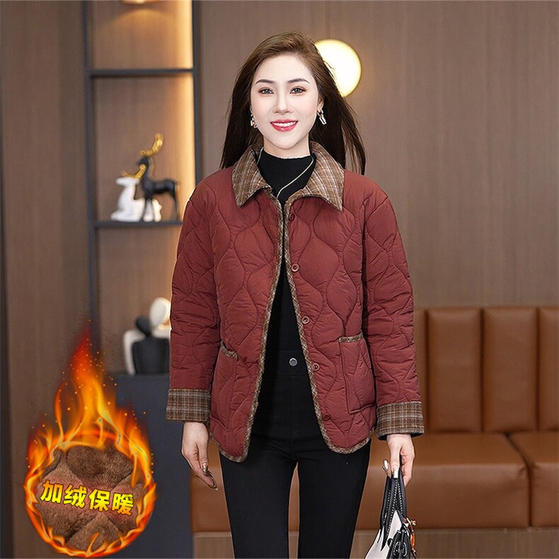新款加绒拼接时尚格纹翻领棉服892P120,女装棉衣/棉服,乐衣轩