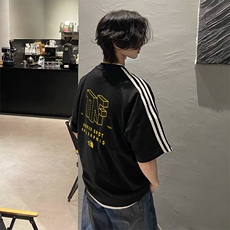 抖音得物高品质二开240克宽松纯棉美式潮牌三条杠织带短袖T恤，男装T恤，电商A486-1