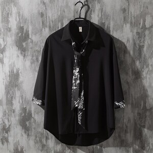 1情侣领带款M-5XL大码潮流休闲短袖衬衫男七分袖衬衣7874P45控68图片