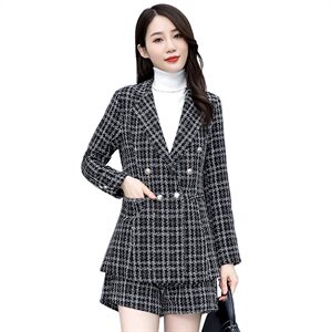 清仓春秋新款女装时髦格子毛呢小西装外套百搭短裤呢子图片