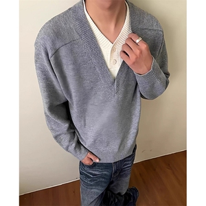 老钱风灰色假两件v领毛衣男秋季美式覆古polo针织打底衫 MY9572图片