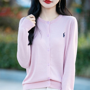 精纺羊毛开衫女圆领长袖时尚刺绣小马针织长袖百搭上衣毛衣外套薄图片